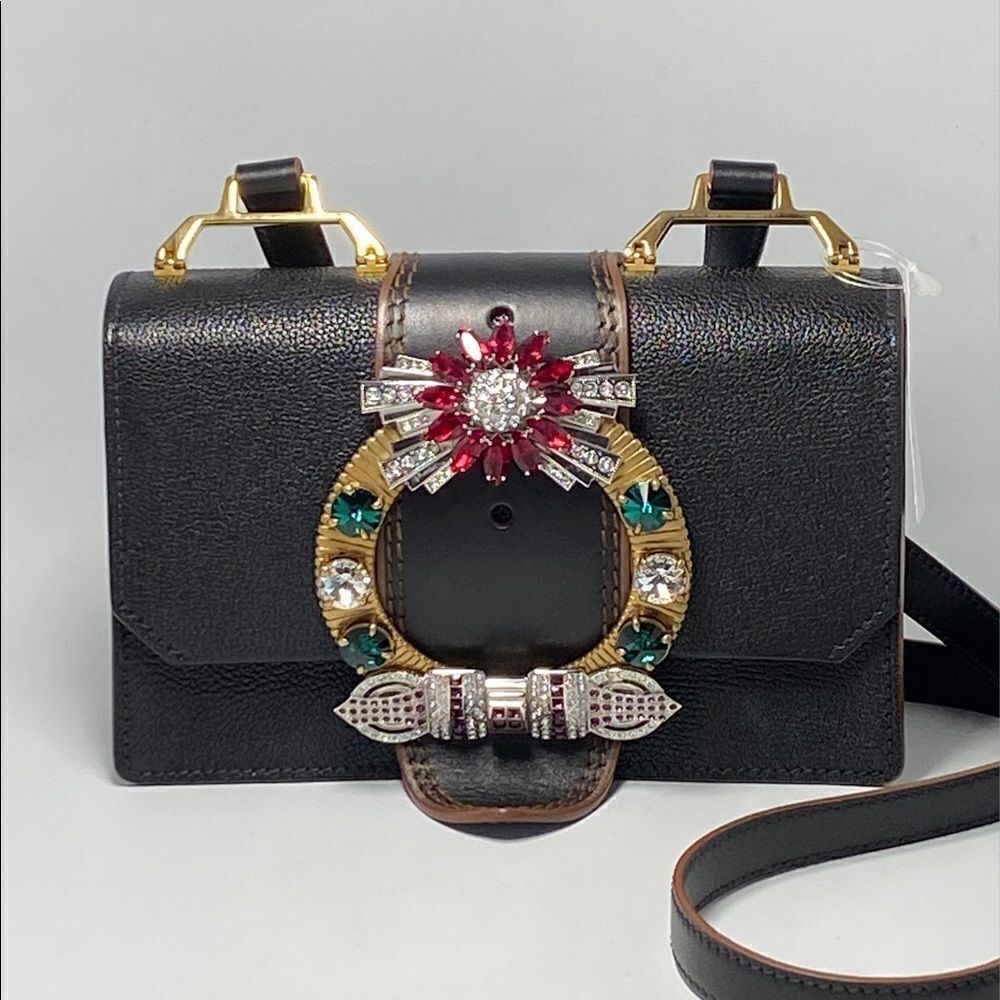 Miu Miu Madras Crystal Embellished Leather Shoulder Bag